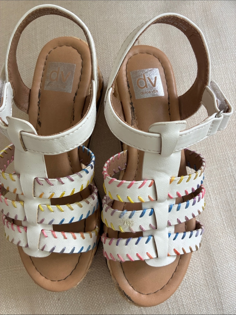 DV by Dolce Vita Girls White Leather Sandals with Multicolor Stitching